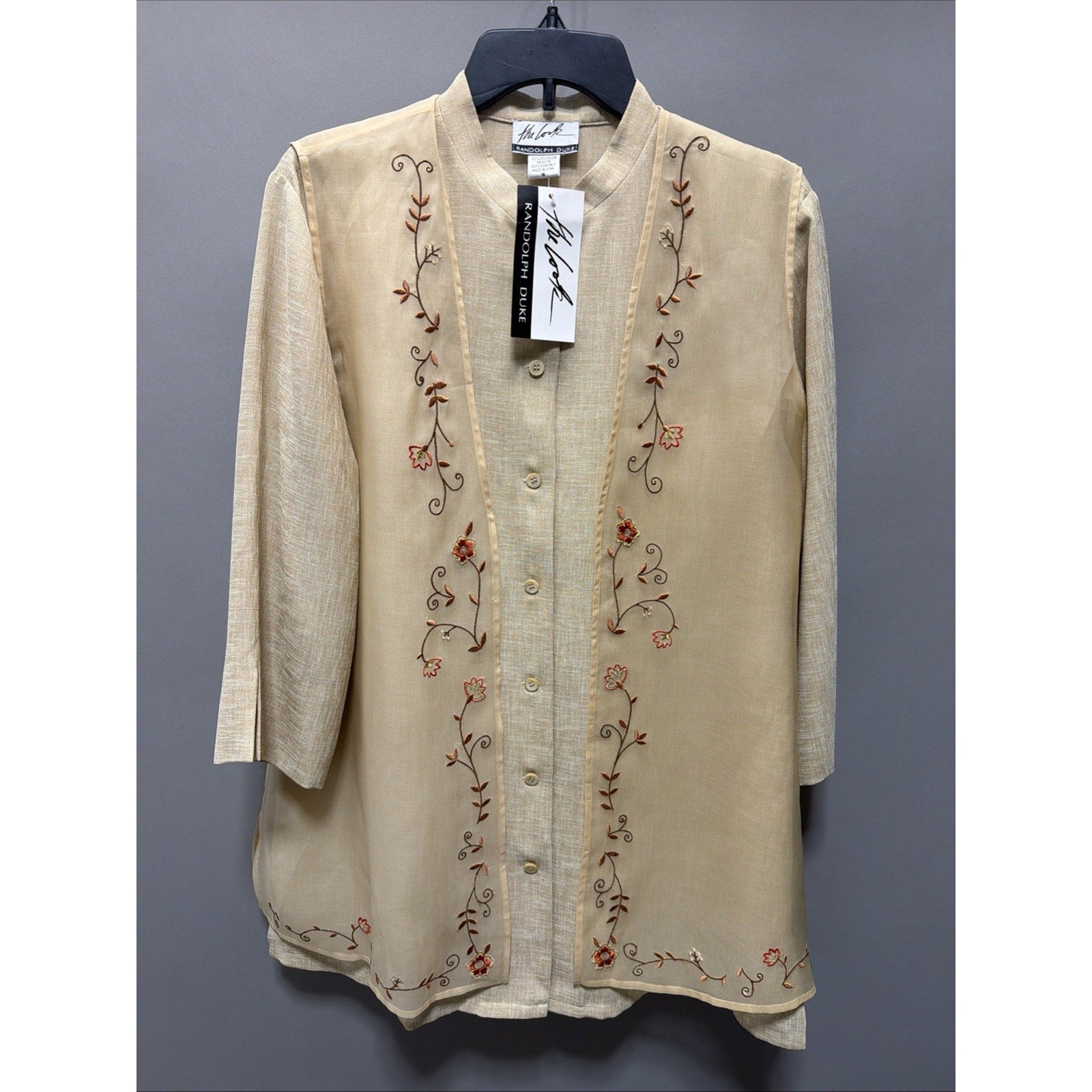 Vintage The Look Randolph Duke Women's Tunic Tan Floral Embroidered Silk Vest 16