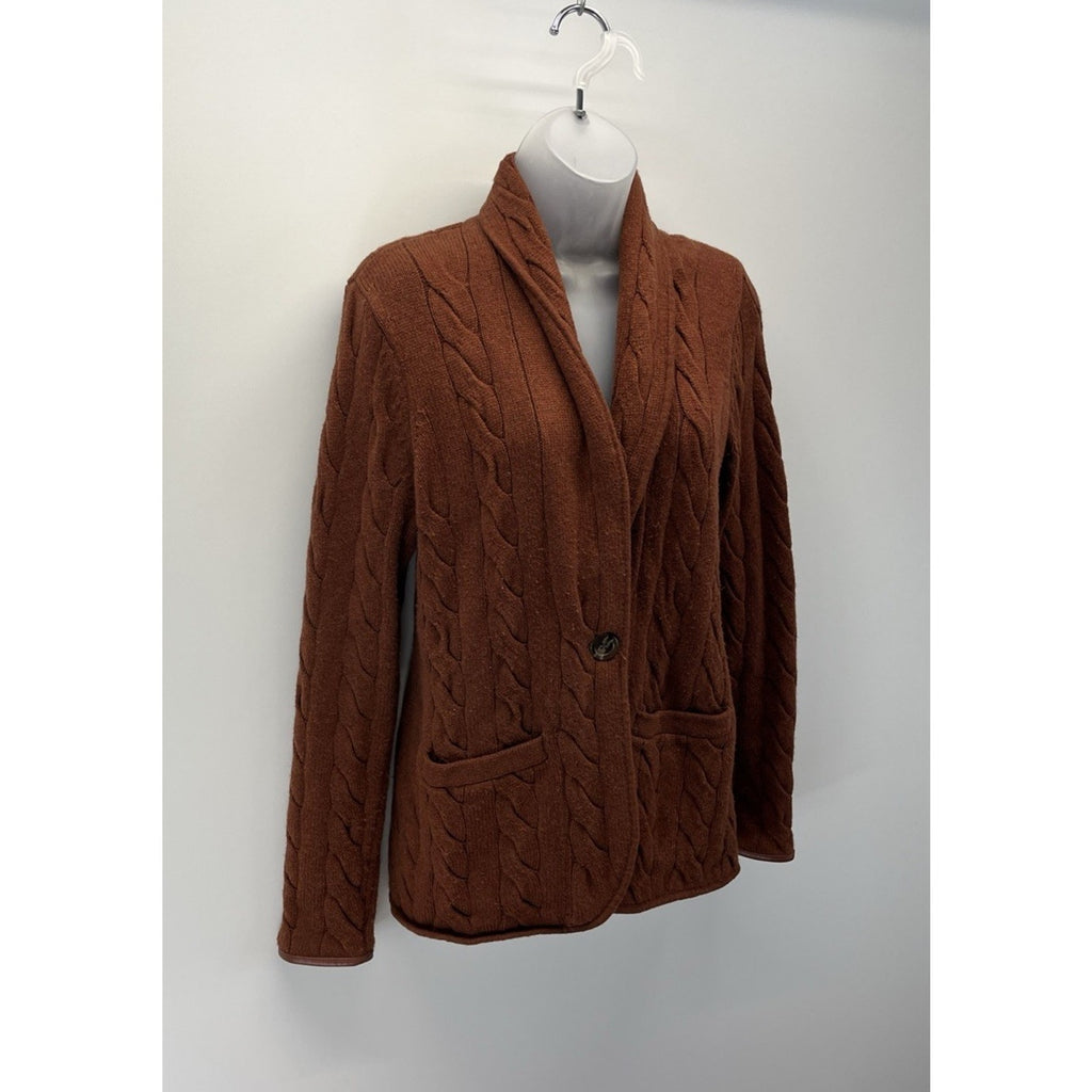 Talbots Wool Blend Cable Knit Cardigan Sweater Brown Faux Leather Trim Small