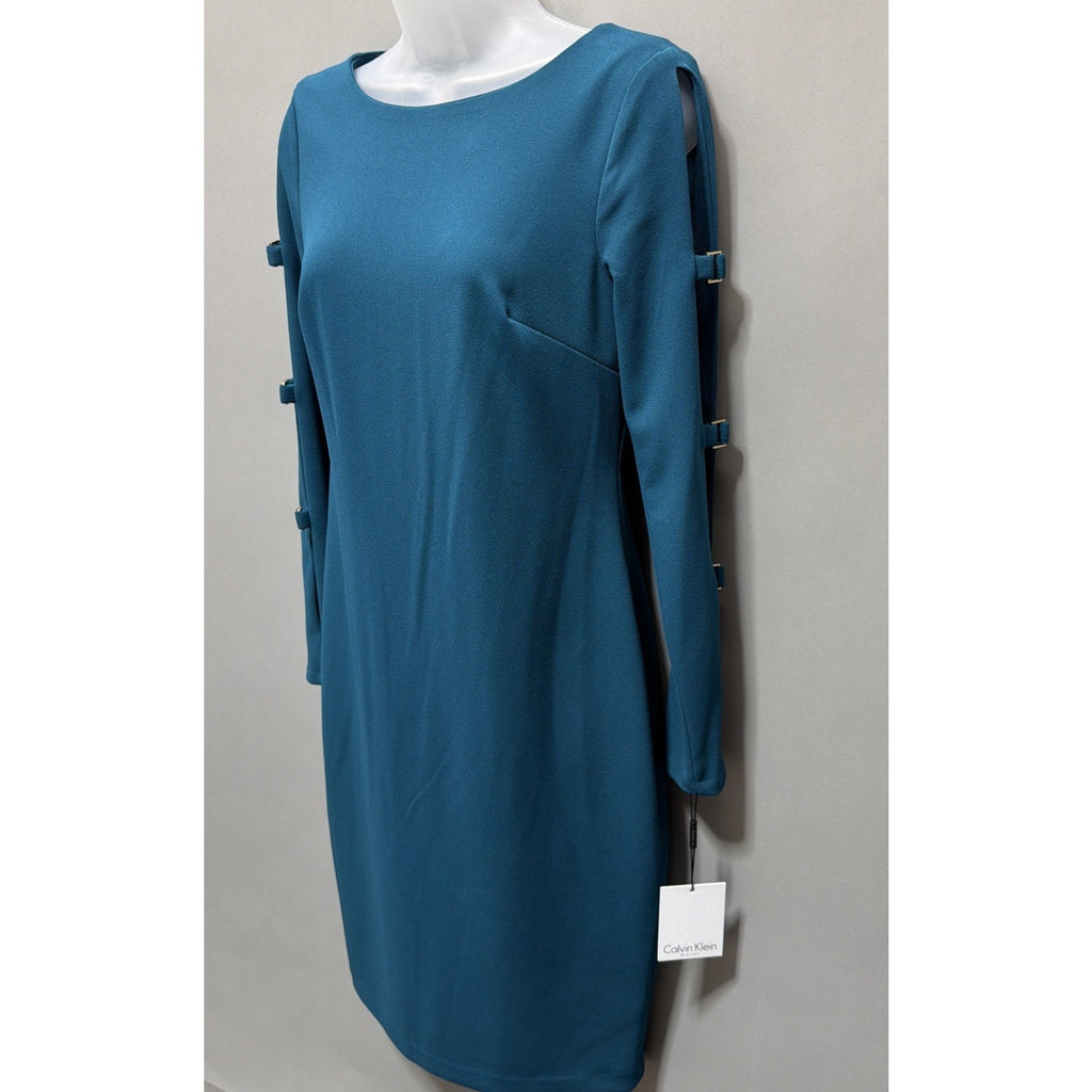 Calvin Klein Dress Teal Blue Green Size 6 Long Sleeve Sheath Knee Length NWT