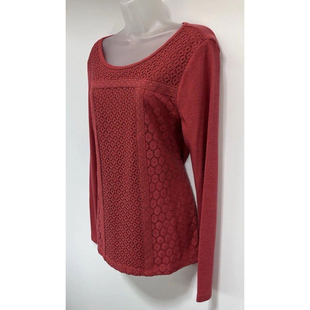 Lucky Brand Coral Lace Shirt Waffle Knit Long Sleeve Size Large