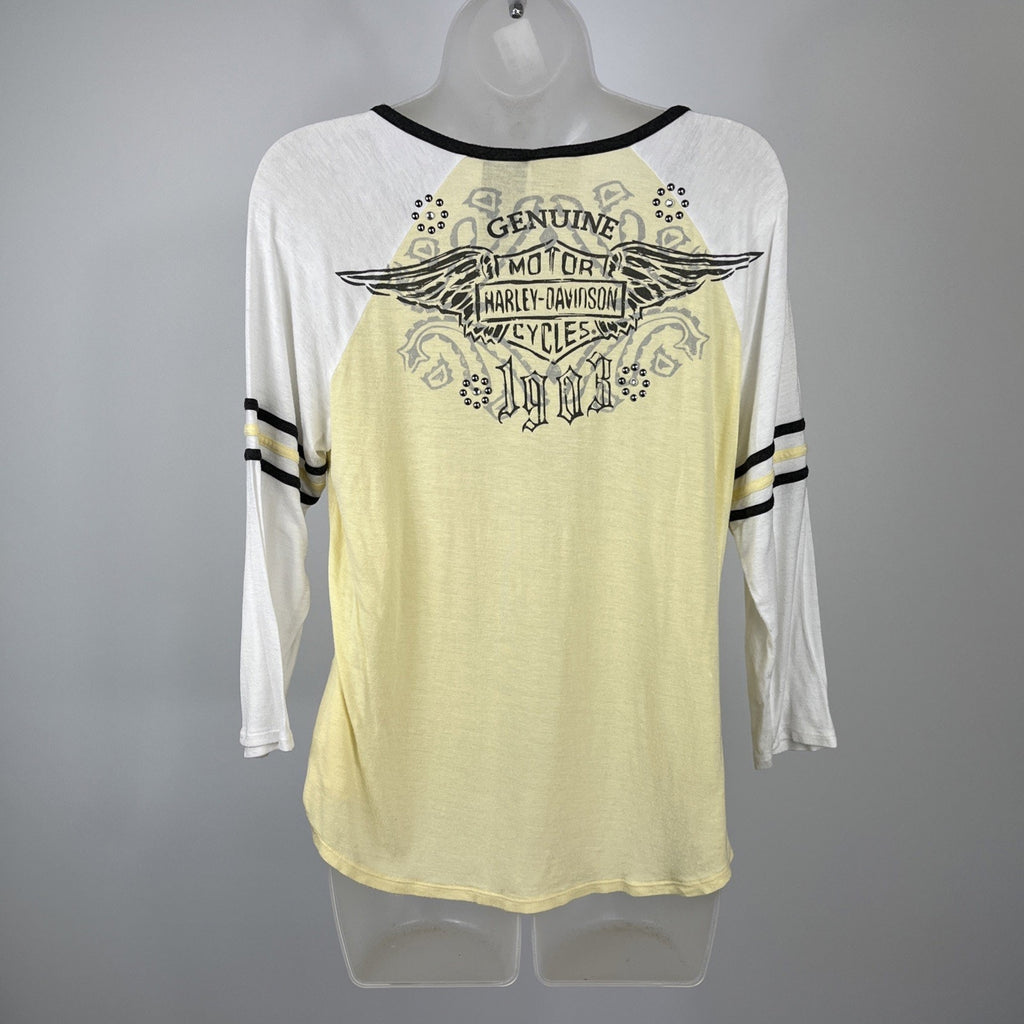 Harley Davidson Yellow & White Rhinestoned 3/4 Sleeve Top Size M