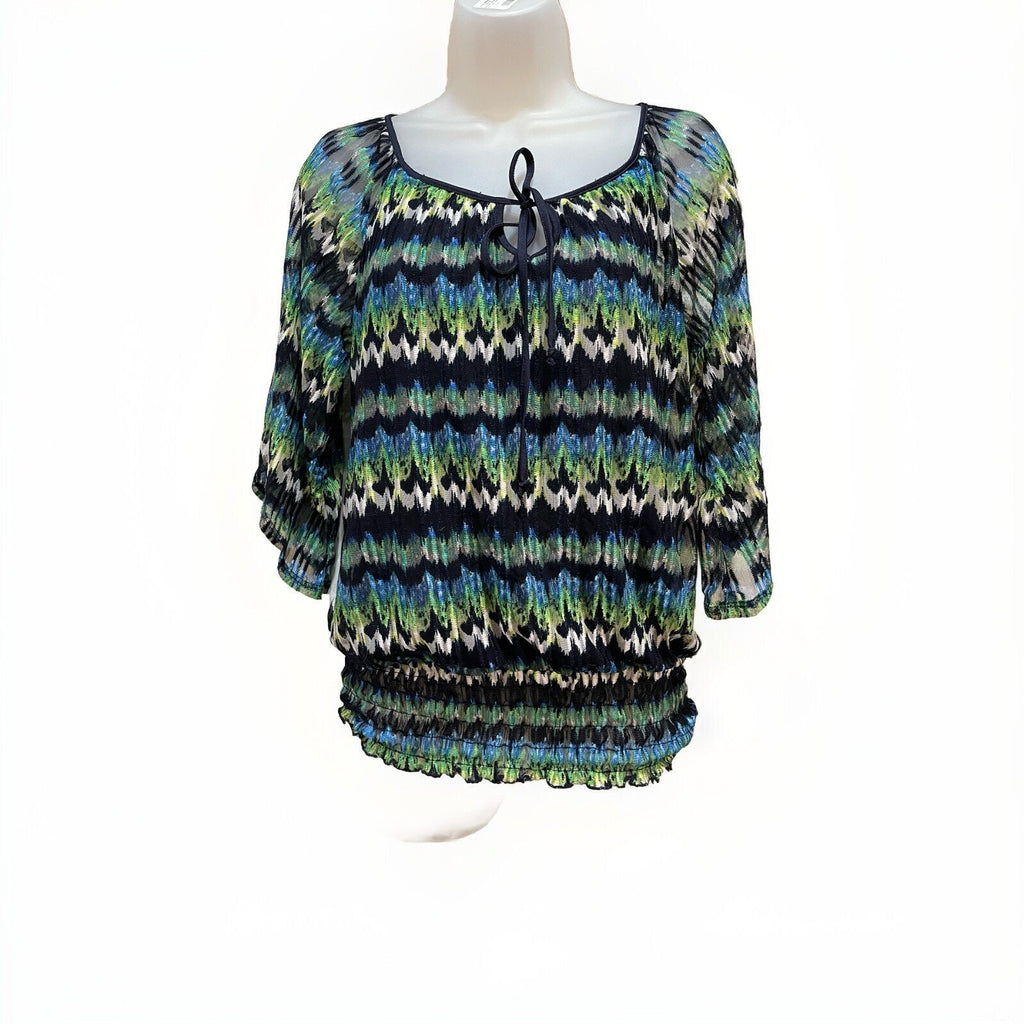 New Directions Zig Zag Print Top Small Women's Blouse Tunic Blue Green Beige 3/4