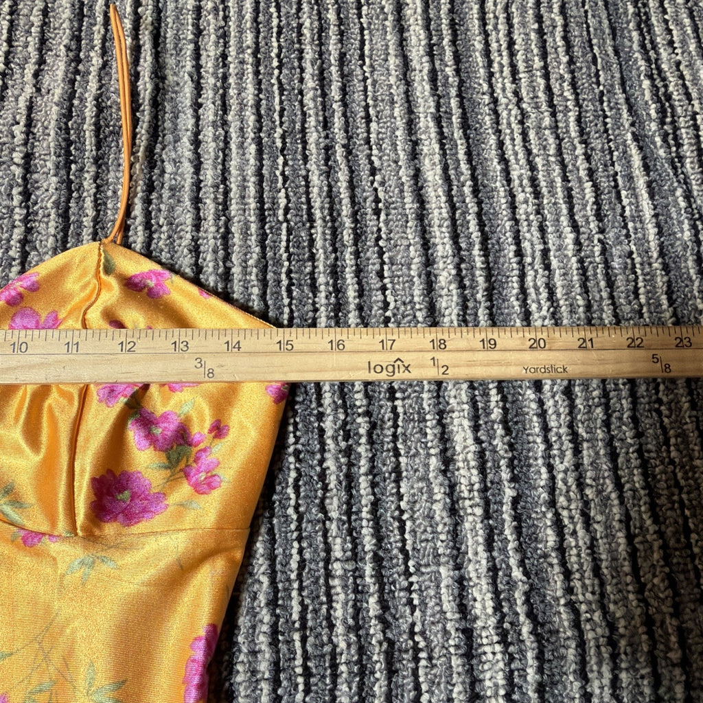 JOLIE & JOY Floral Satin Mini Dress Size M Marigold Yellow Ditsy Slip Dress Slit