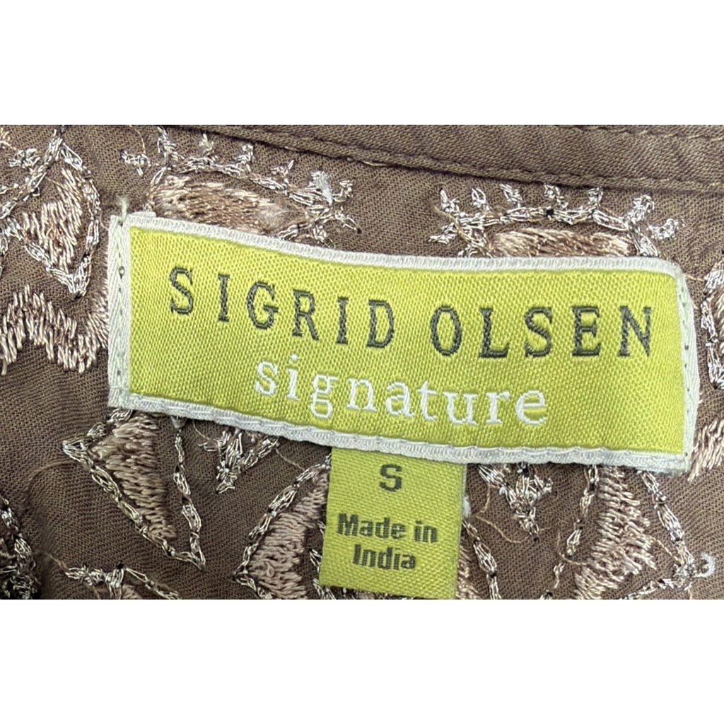 Sigrid Olsen Signature Taupe Embroidered 3/4 Sleeve Boho Tunic Top Size Small