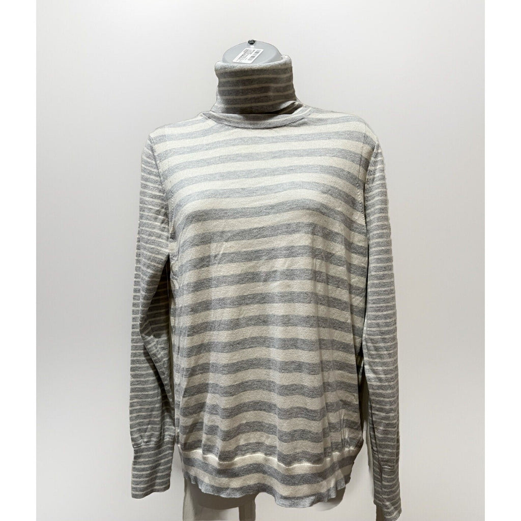 Banana Republic Cotton & Cashmere White Gray Striped Turtleneck Sweater L