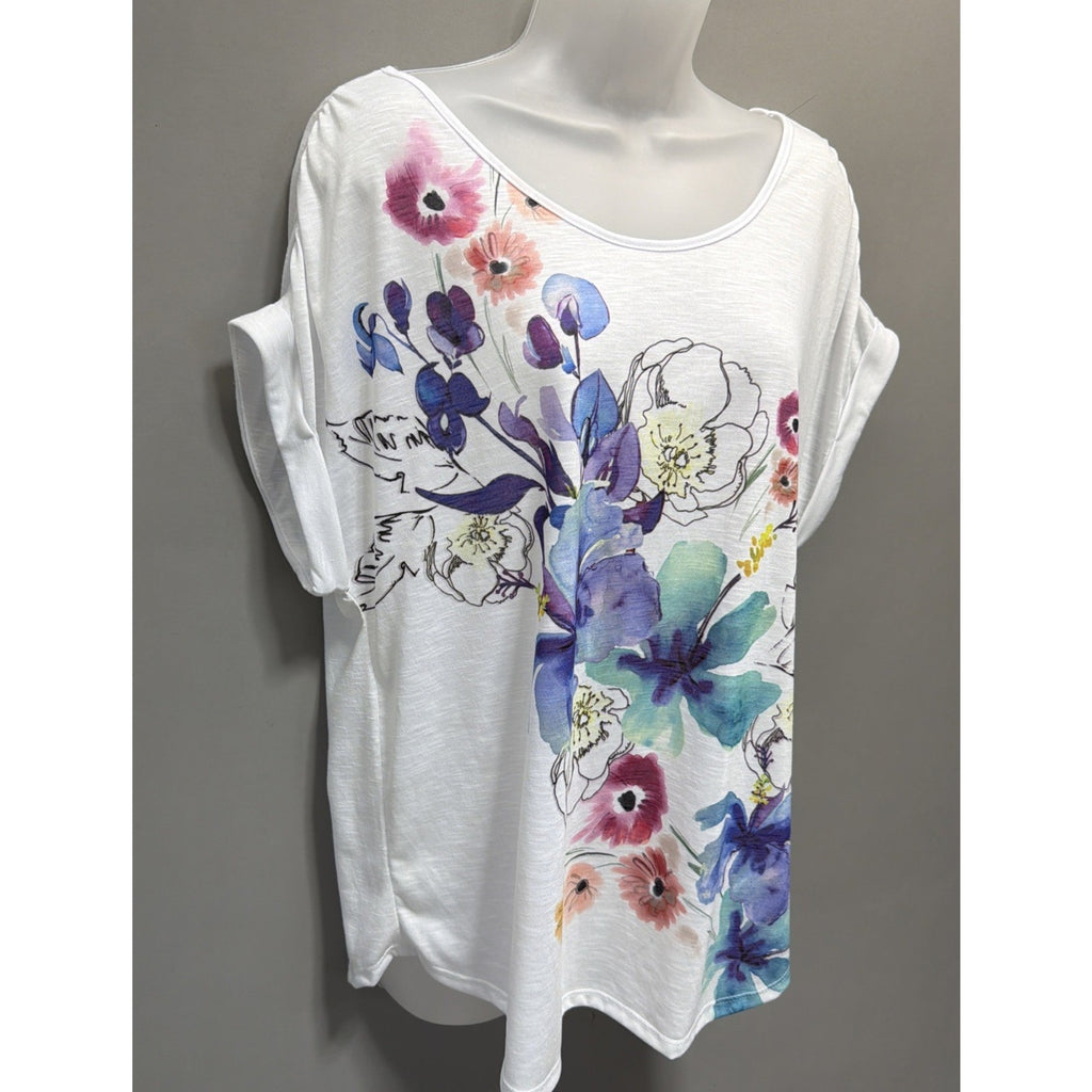 Jillian Nicole Top XL NWT Colorful Floral Artsy Print Short Sleeve White Blouse