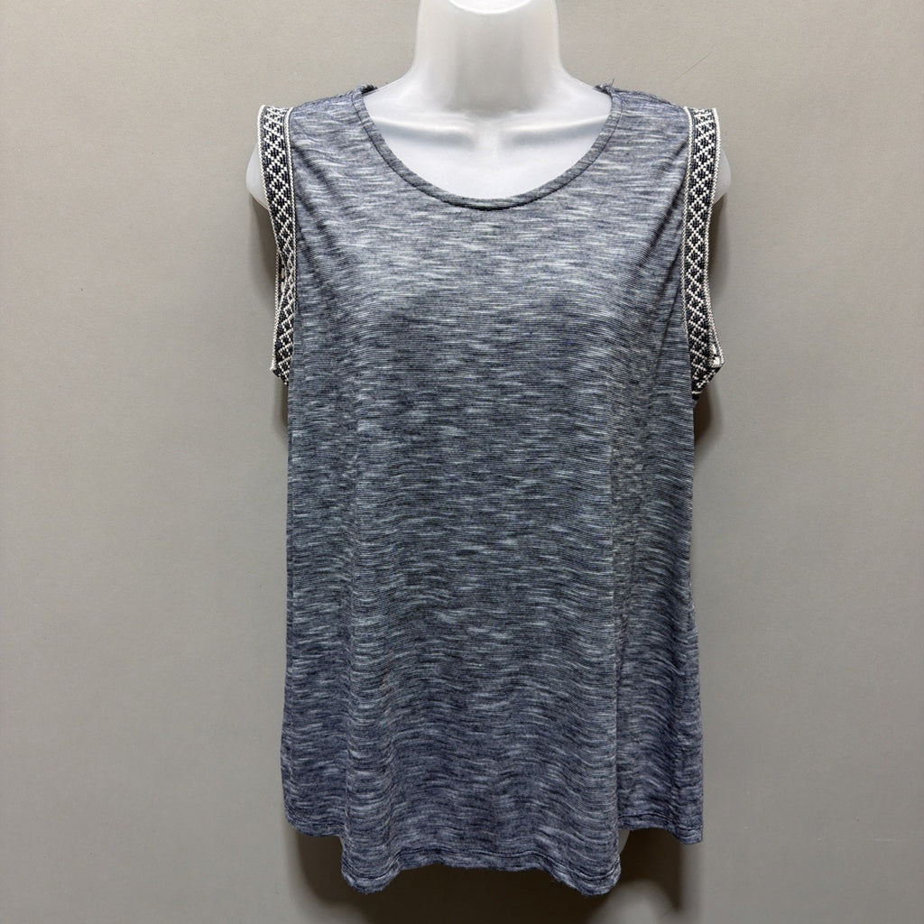 Anthropology W5 Womens Top Sz L Blue White Blouse Aztec Trimmed Arms