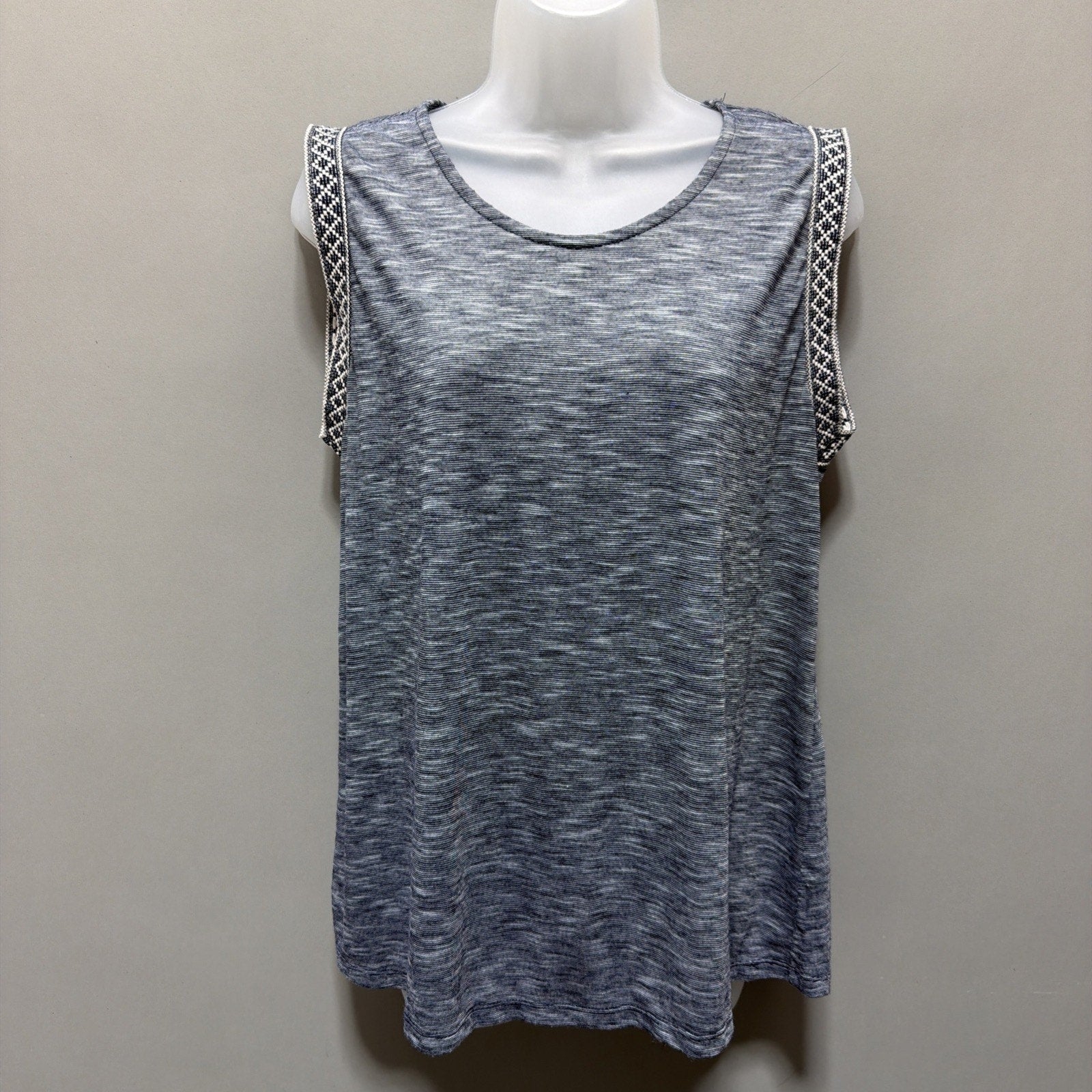 Anthropology W5 Womens Top Sz L Blue White Blouse Aztec Trimmed Arms