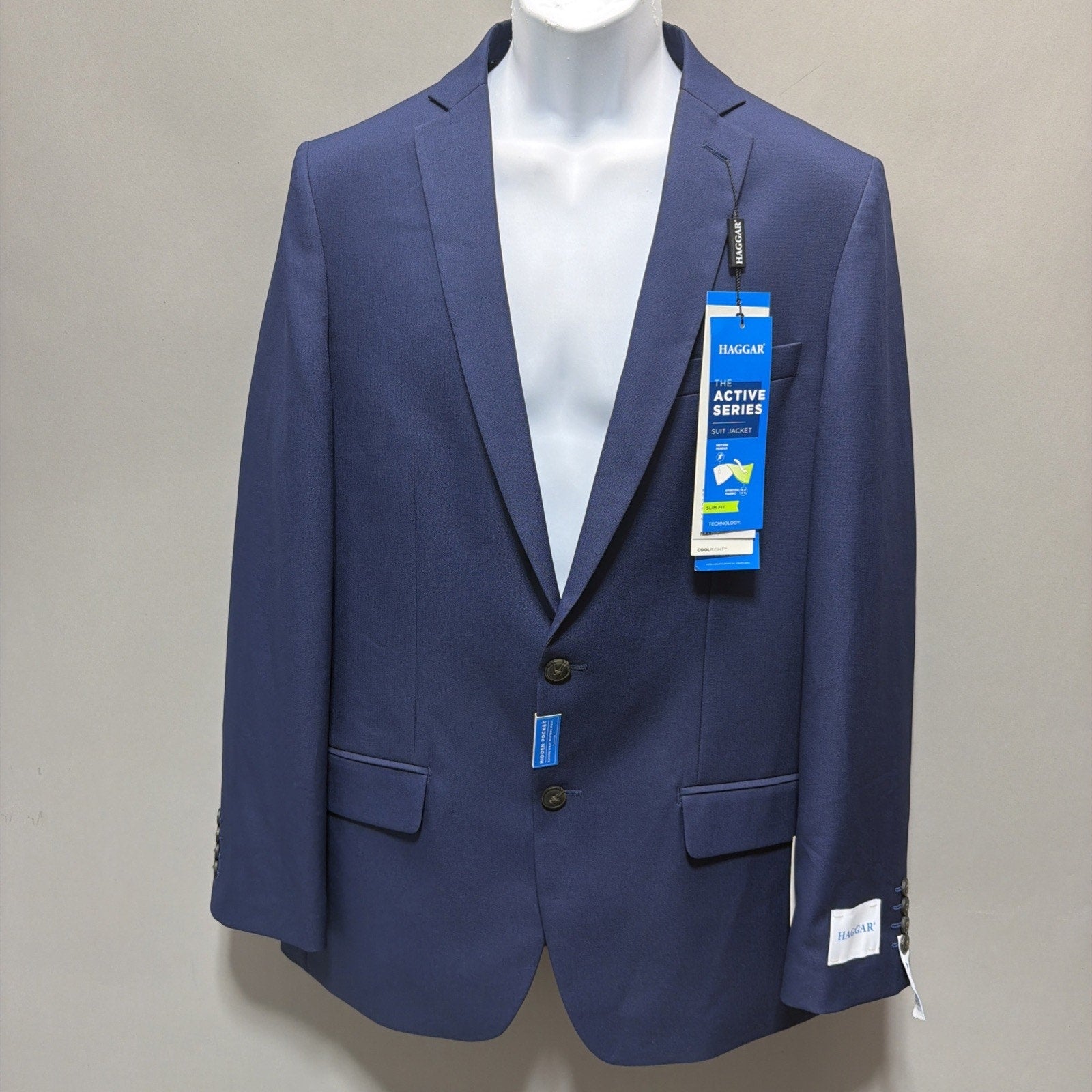 Haggar Active Series Suit Jacket Mens 42 Long Blue Slim Fit Stretch Blazer NWT