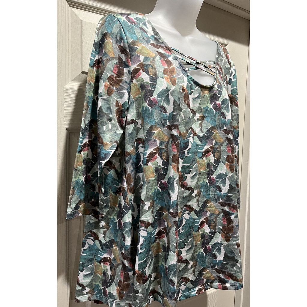 Simply Noelle Tunic Top Size Small Colorful Green Mauve V- Neck 3/4 Sleeve