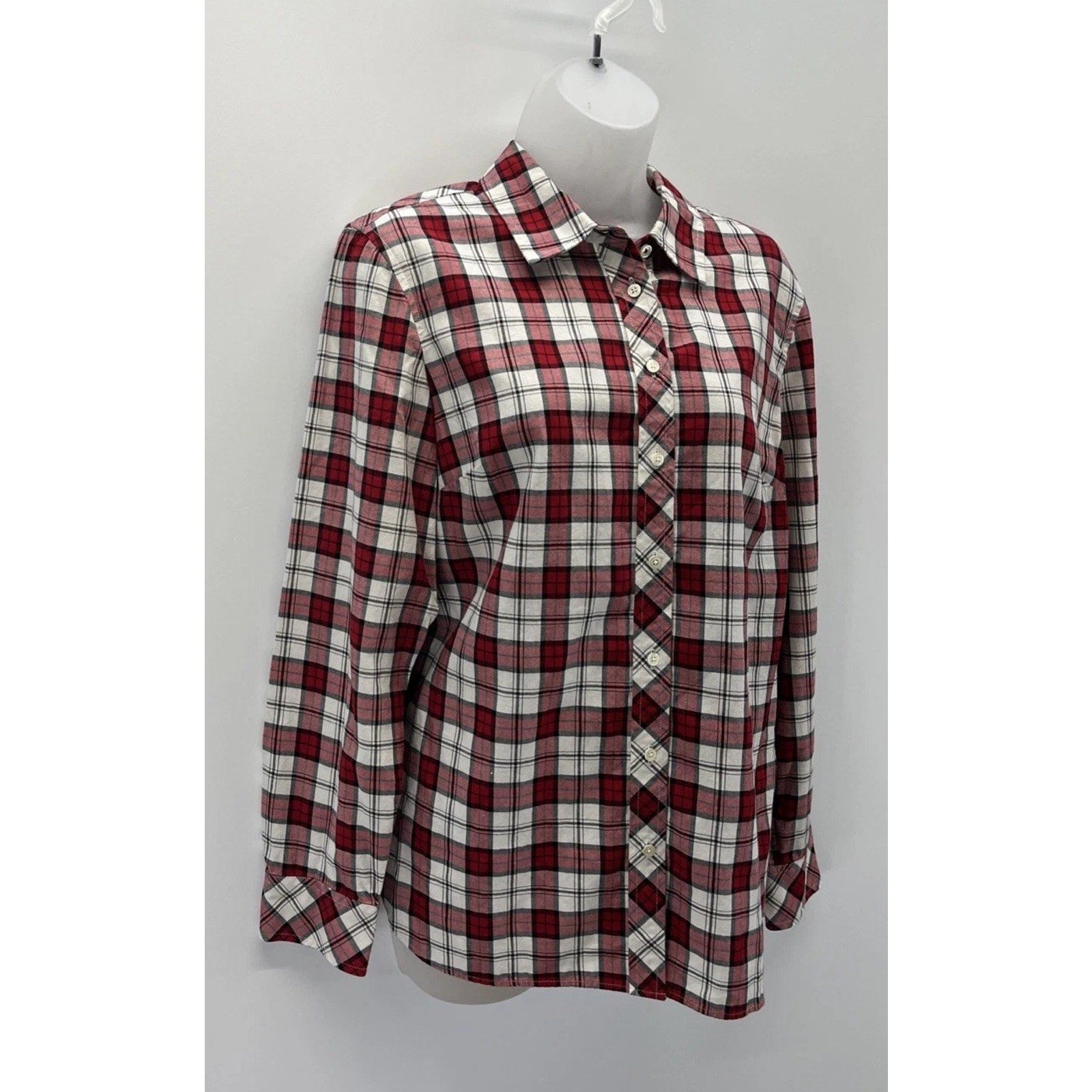 Talbots L Top Large Red White Gold Plaid Button Up Blouse Cozy Cabin Soft