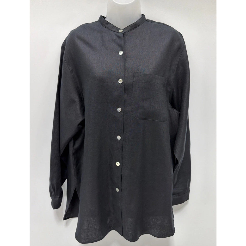 Rafaella Blouse Black 100% Linen Long Sleeve Shirt Banded Collar Women's L