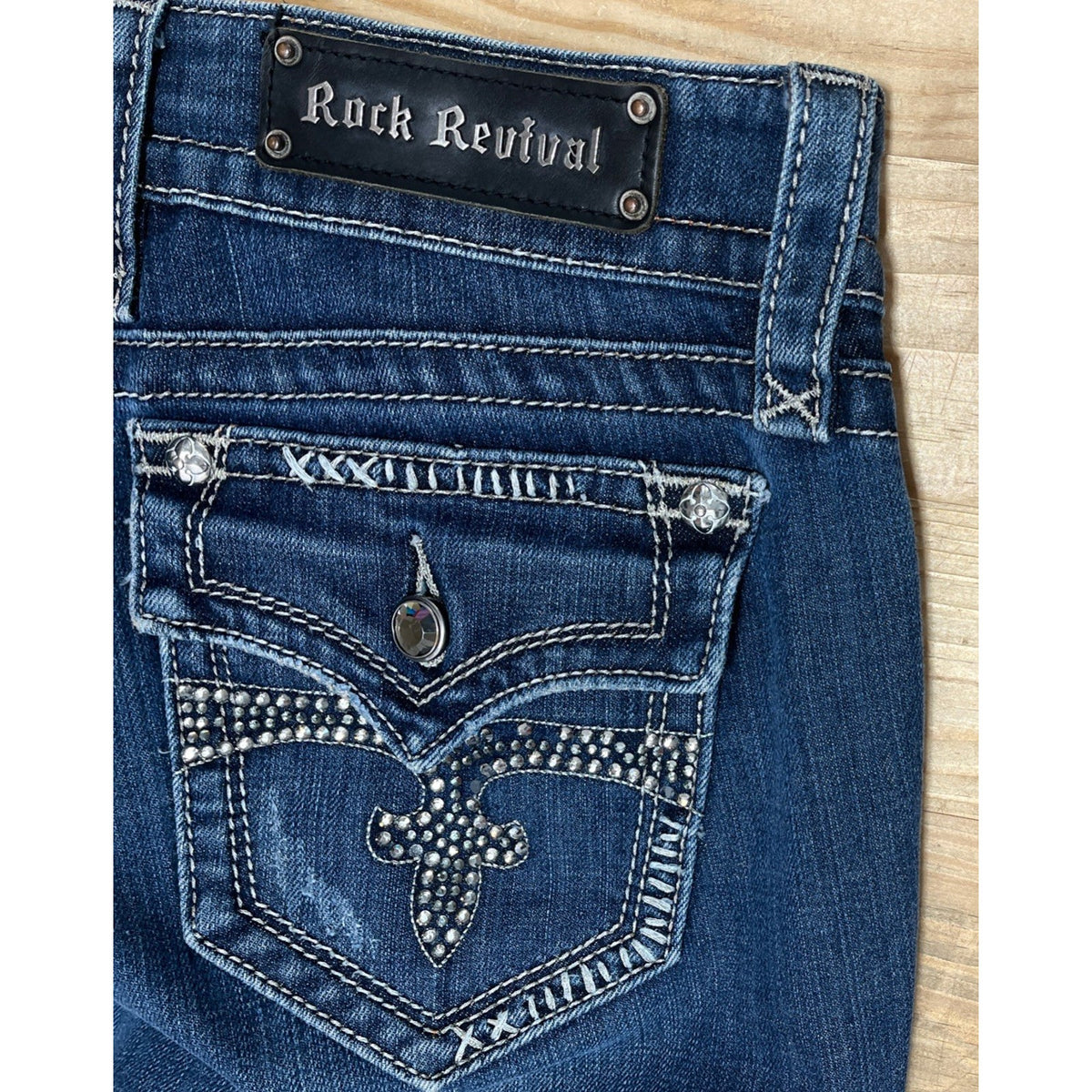 Rock Revival Celine Boot Cut Jeans Flap pockets Distressed Sz 30