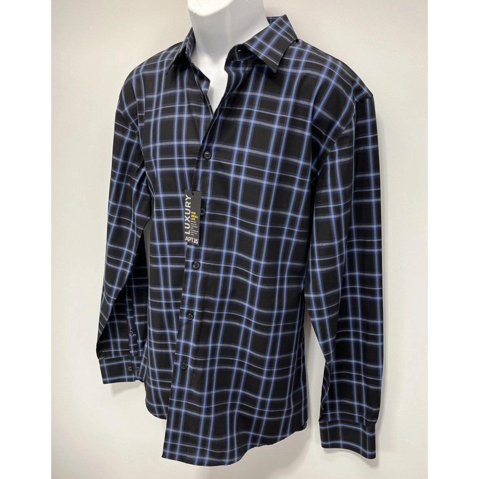 NWT Apt.9 Luxury Button Up Shirt Men's LBlack with Blue Gray Geometric Pattern