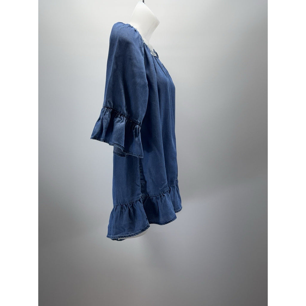 Signature Studio Peasant Top Blue Chambray 3/4 Sleeve Ruffle Women’s Size L NWT