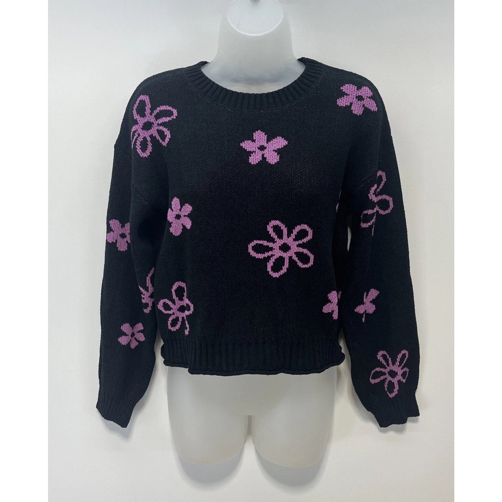 NWT So Goods For Life Girls Long Sleeve Black Pink Daisy Sweater Size XL