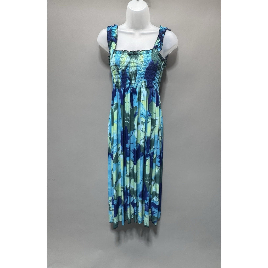 The Drop Smocked Floral Maxi Dress Square Neck Strappy Blue Green XL