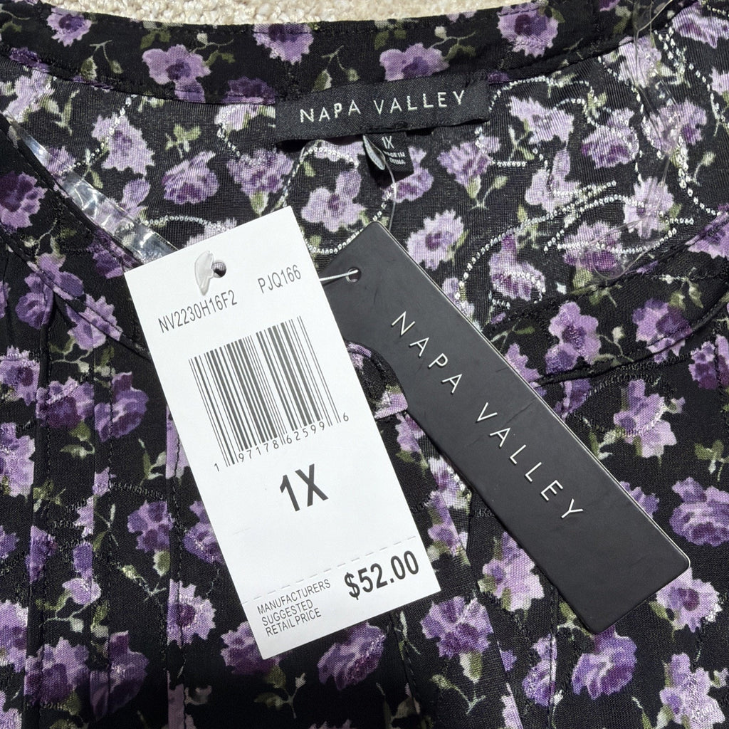 Napa Valley Womens Floral Embroidered Print 3/4 Sleeve Top Plus 1X Stretch NWT