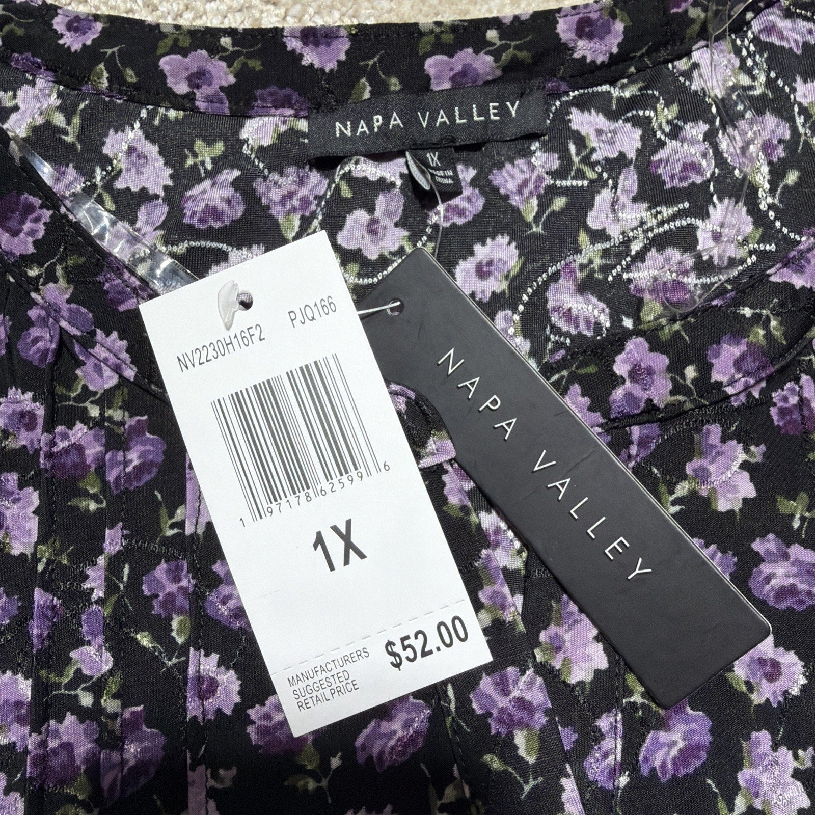 Napa Valley Womens Floral Embroidered Print 3/4 Sleeve Top Plus 1X Stretch NWT