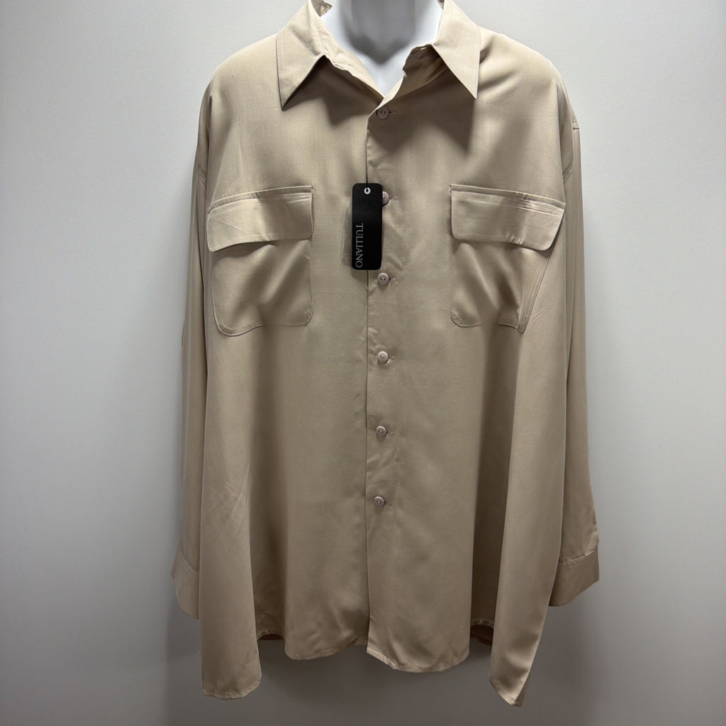 Tulliano 100% Pure Silk Sand Button Front Shirt Menswear Bg3X Luxury Pocket NWT
