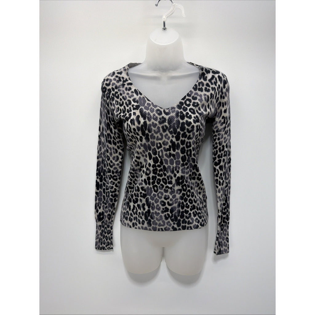 Express Animal Print Burnout Black Gray Long Sleeve Pullover V Neck Top XS