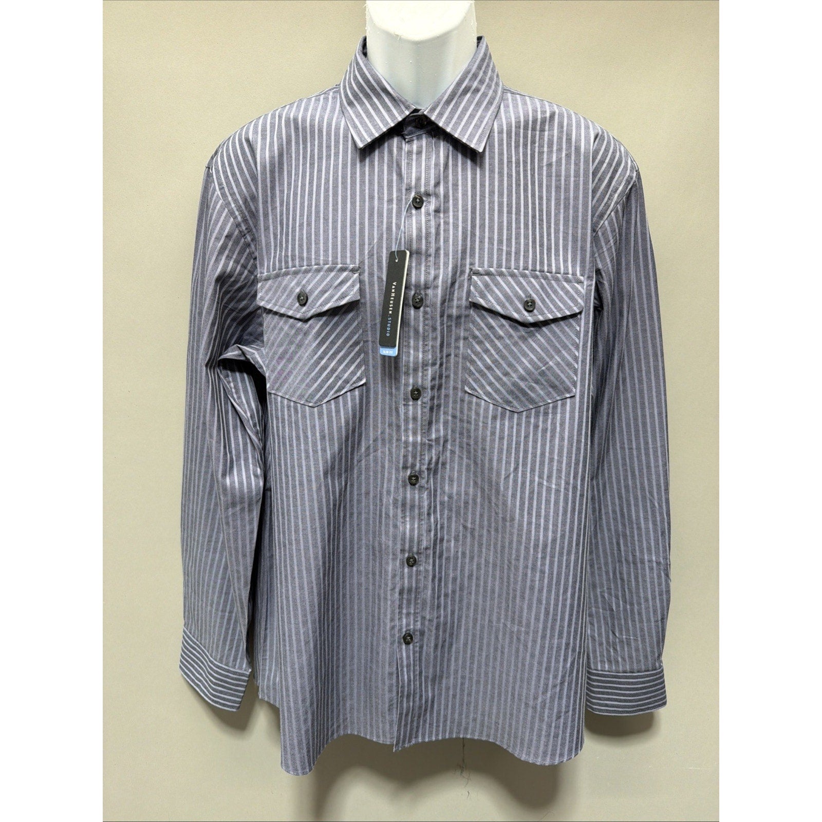 Van Heusen-Studio Dress Shirt Men's Large Blue Pinstripe Slim Fit New