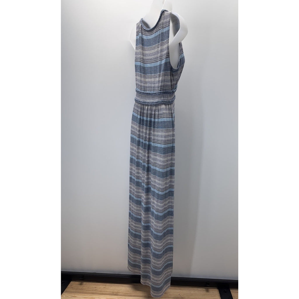 Max Studio Dress Blue Gray Striped S Stretch Maxi V-Neck