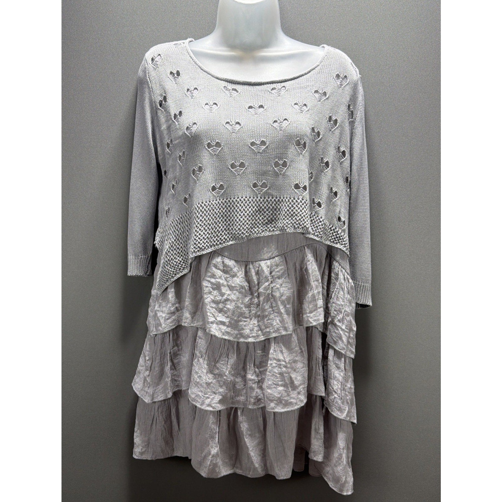 Selfie Couture By Trendology Grey 3/4 Sleeve Tiered Sweater Mini Dress Tunic M/L