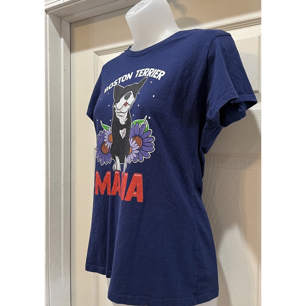 Port And Company Boston Terrier Momma Blue T-Shirt Women's Size Small Flower Dog