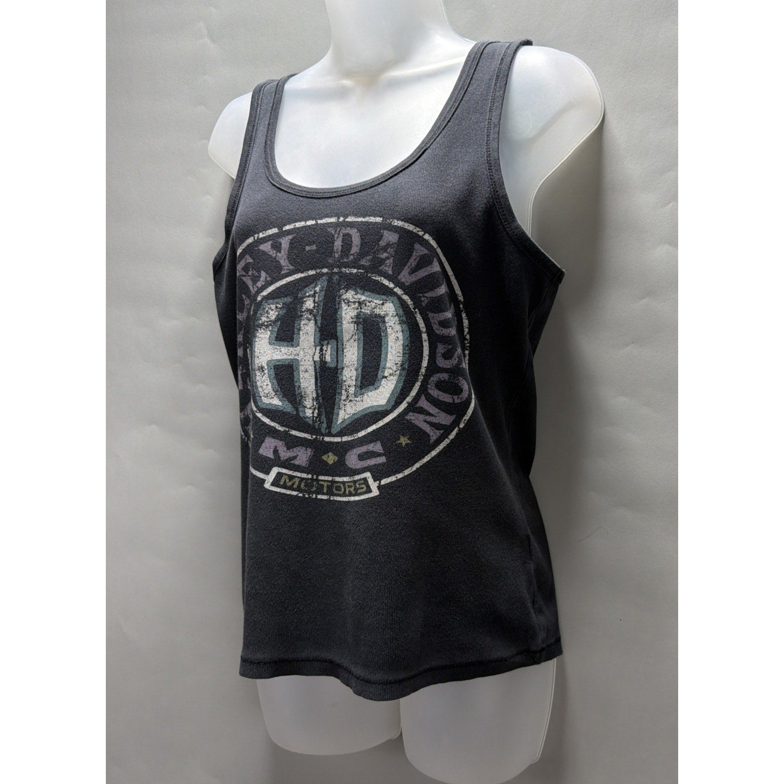 Harley Davidson Womens Black Ribbed Tank Top Distressed Faded Size Medium