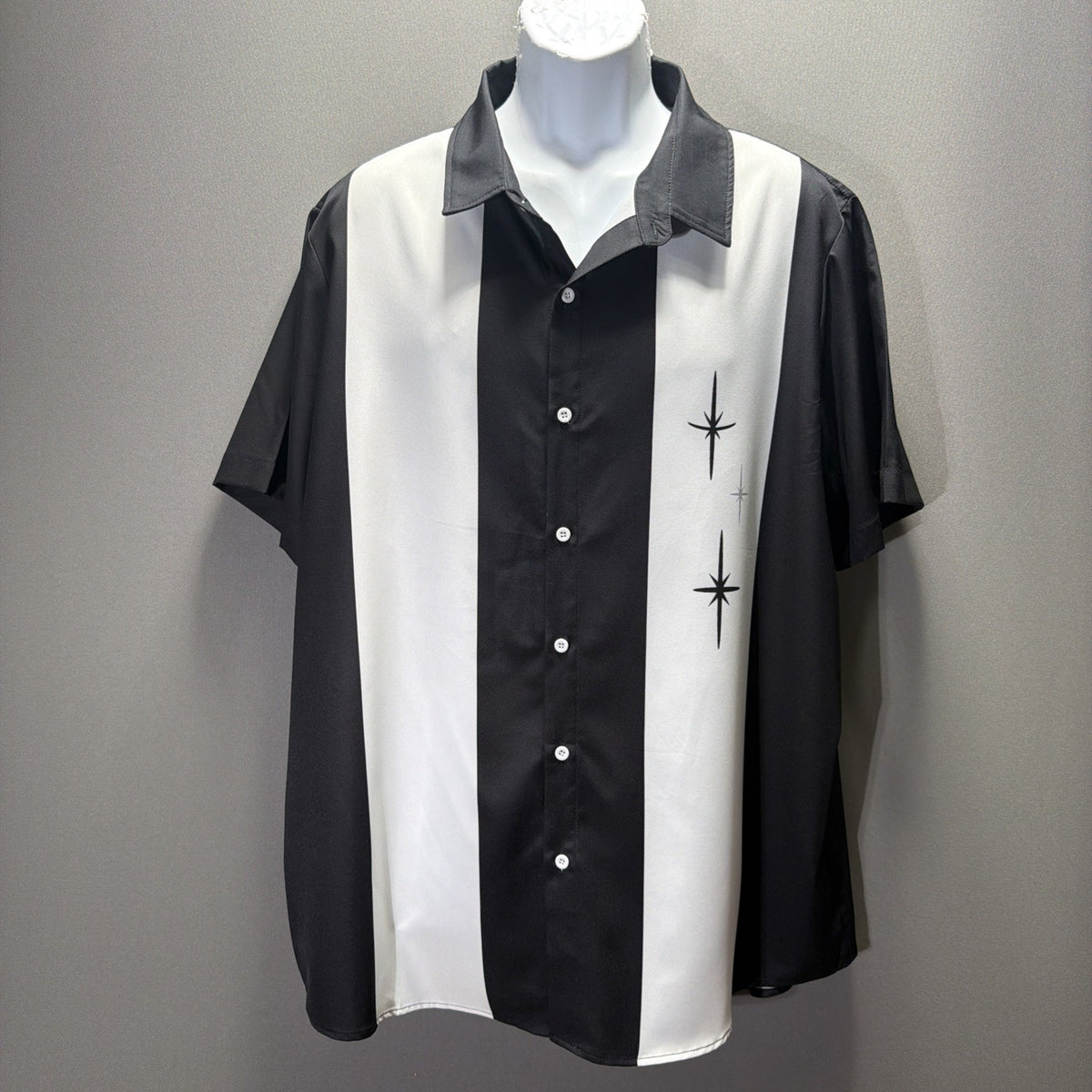 Short Sleeve Button Front Clothing Three Star Panel Bowling Shirt NWOT