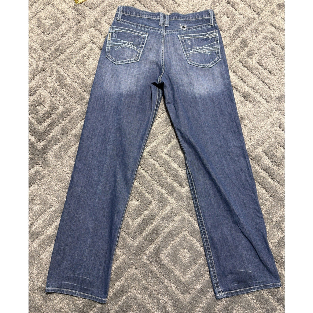 Cinch Grant Bootcut Denim Jeans Men 31x34 Blue Distressed Whiskering Cowboy