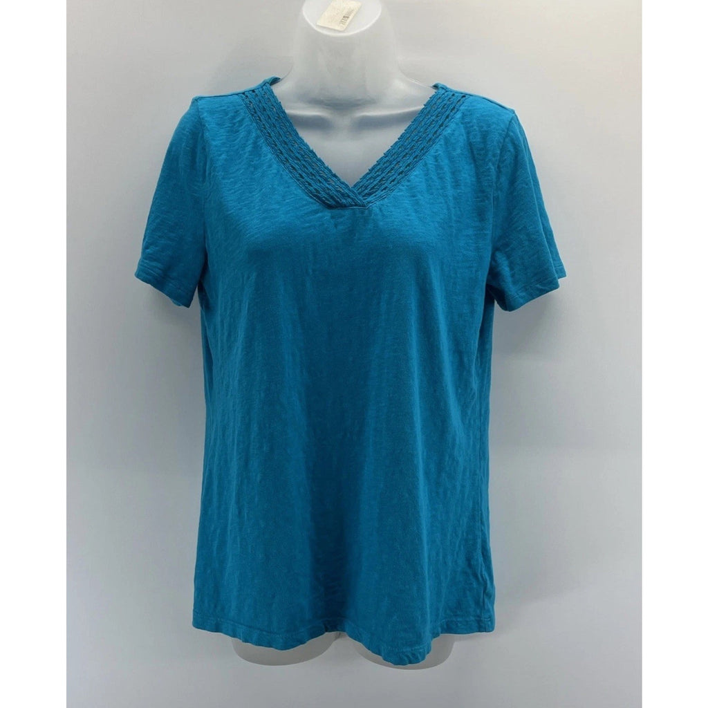 Talbots Pretty Sea Blue Crochet V-Neck Short Sleeve Cotton Top M