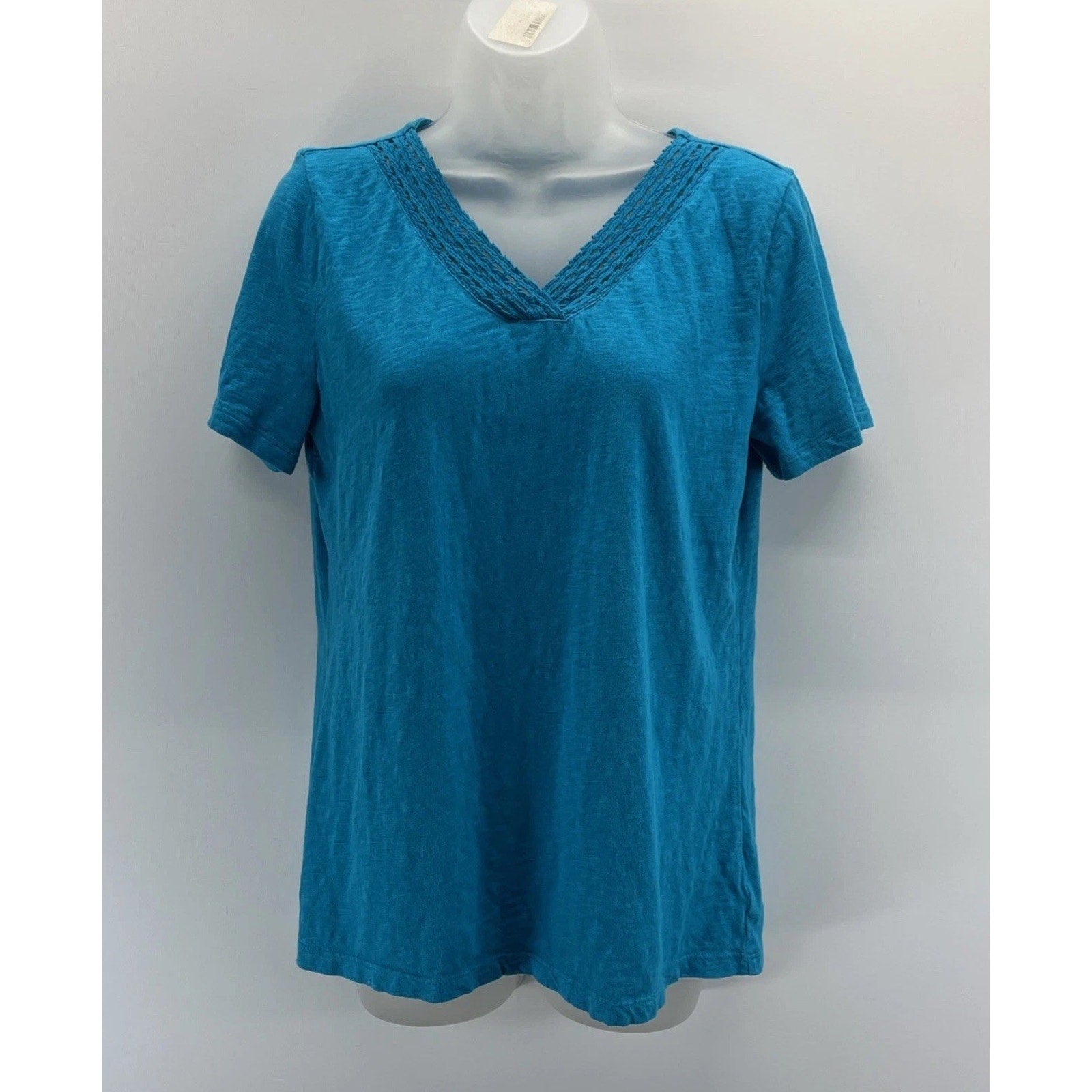 Talbots Pretty Sea Blue Crochet V-Neck Short Sleeve Cotton Top M
