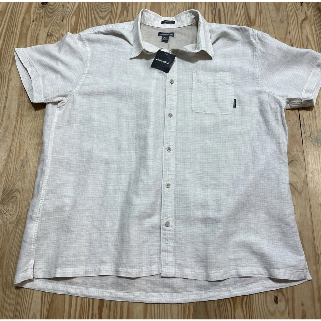 Eddie Bauer Shirt Mens 2XL Beige Short Sleeve Linen Blend Button Up Casual NWT