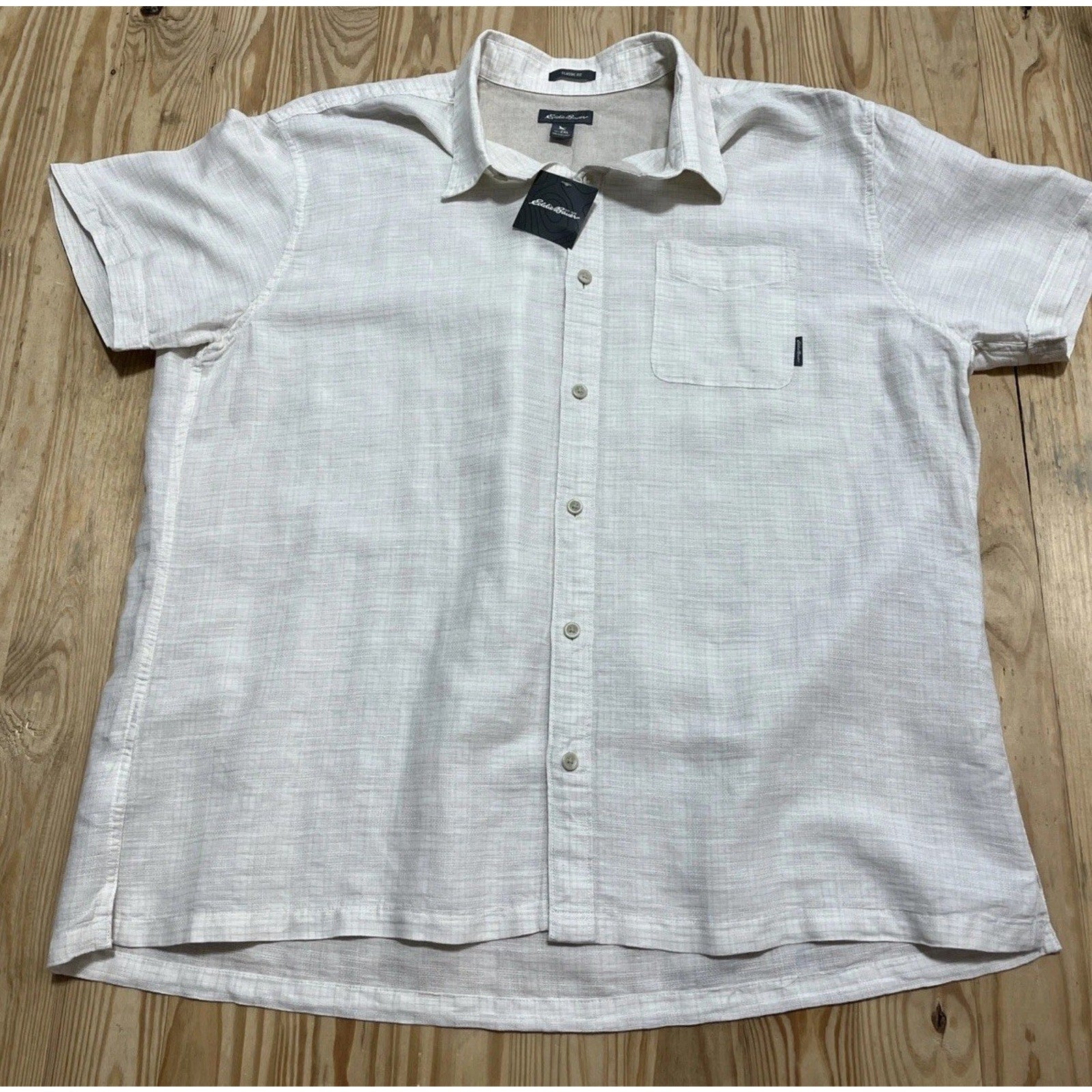 Eddie Bauer Shirt Mens 2XL Beige Short Sleeve Linen Blend Button Up Casual NWT