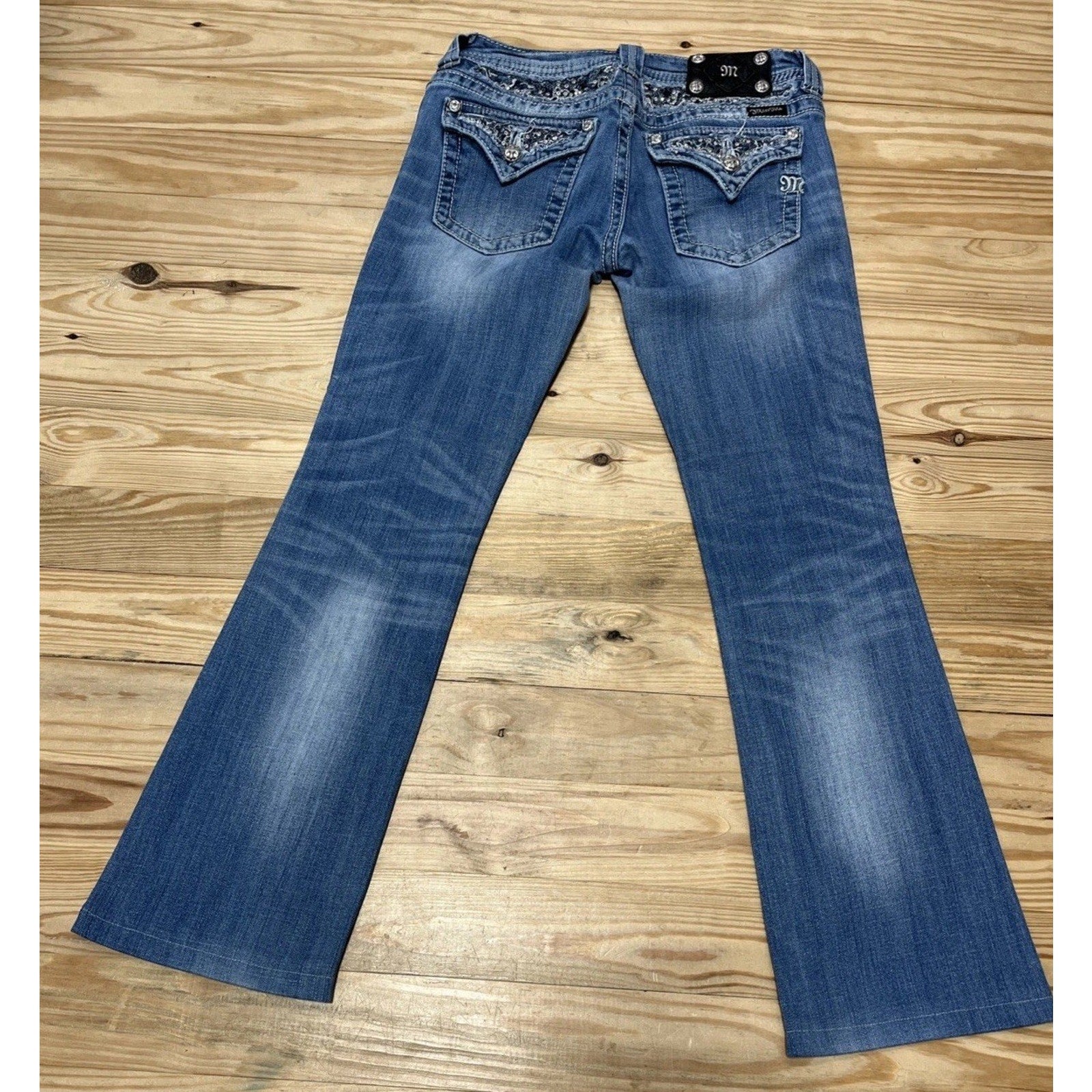 Miss Me Jeans Womens Blue Embellished Distressed Bootcut 27x29.5 Hem