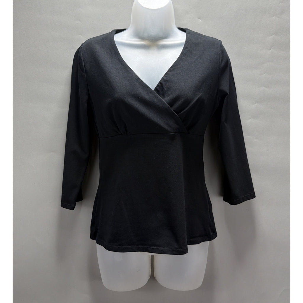 Eddie Bauer Women's S Crop Sleeve Crossover Blouse Black Pima Cotton Stretch