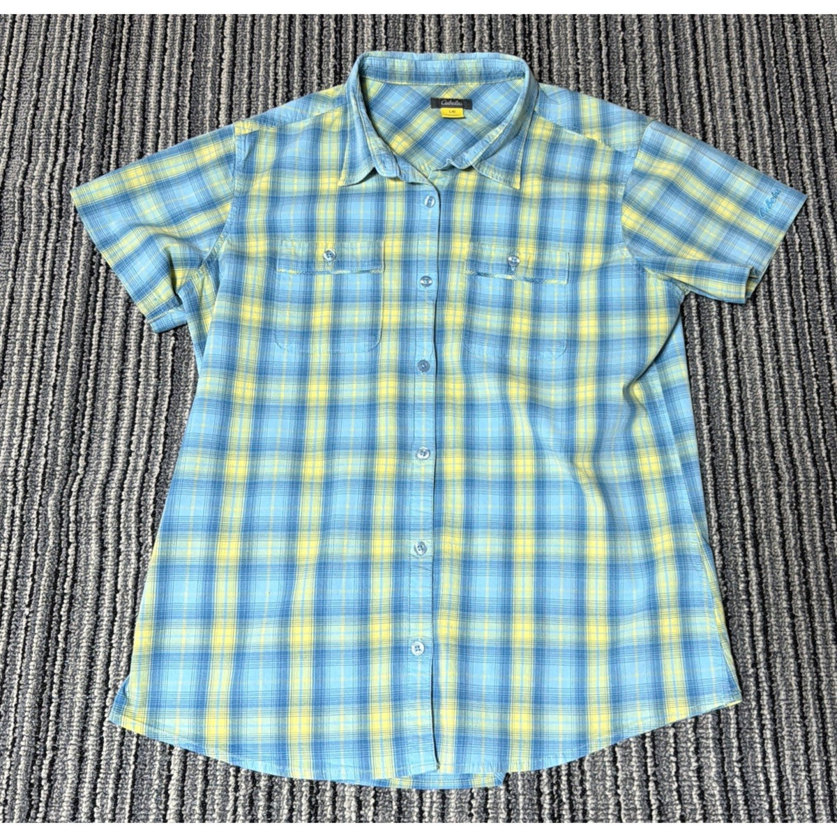 Cabela’s Women L Blue Yellow Plaid Button Down Shirt Short Sleeve Stretch Cotton