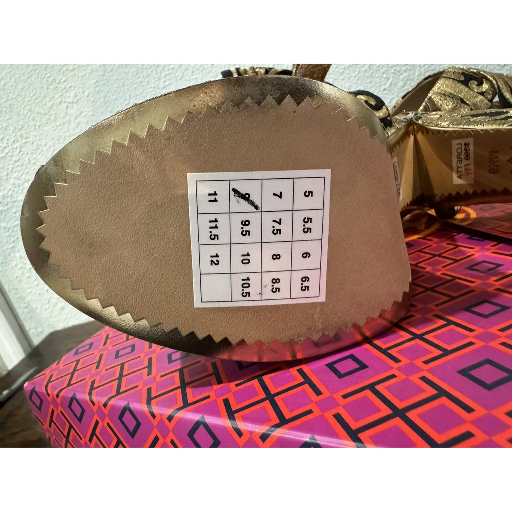 Tory Burch Loretta Embroidered Platform Sandals Black/gold 6.5 NWB