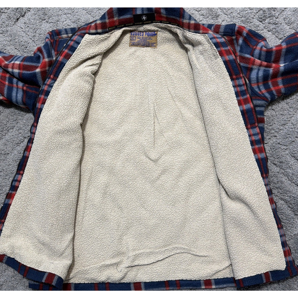 Mens Rugged Point Authentic Red Blue Plaid Fleece Sherpa Full Zip Shacket XL NWT