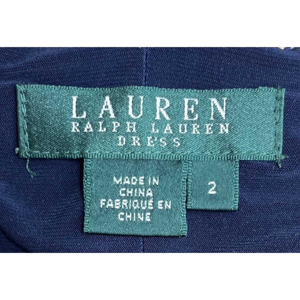 RALPH LAUREN Navy Blue Lined Ecru Dress Sz 2 Slimming Side Panels Ruched Detail