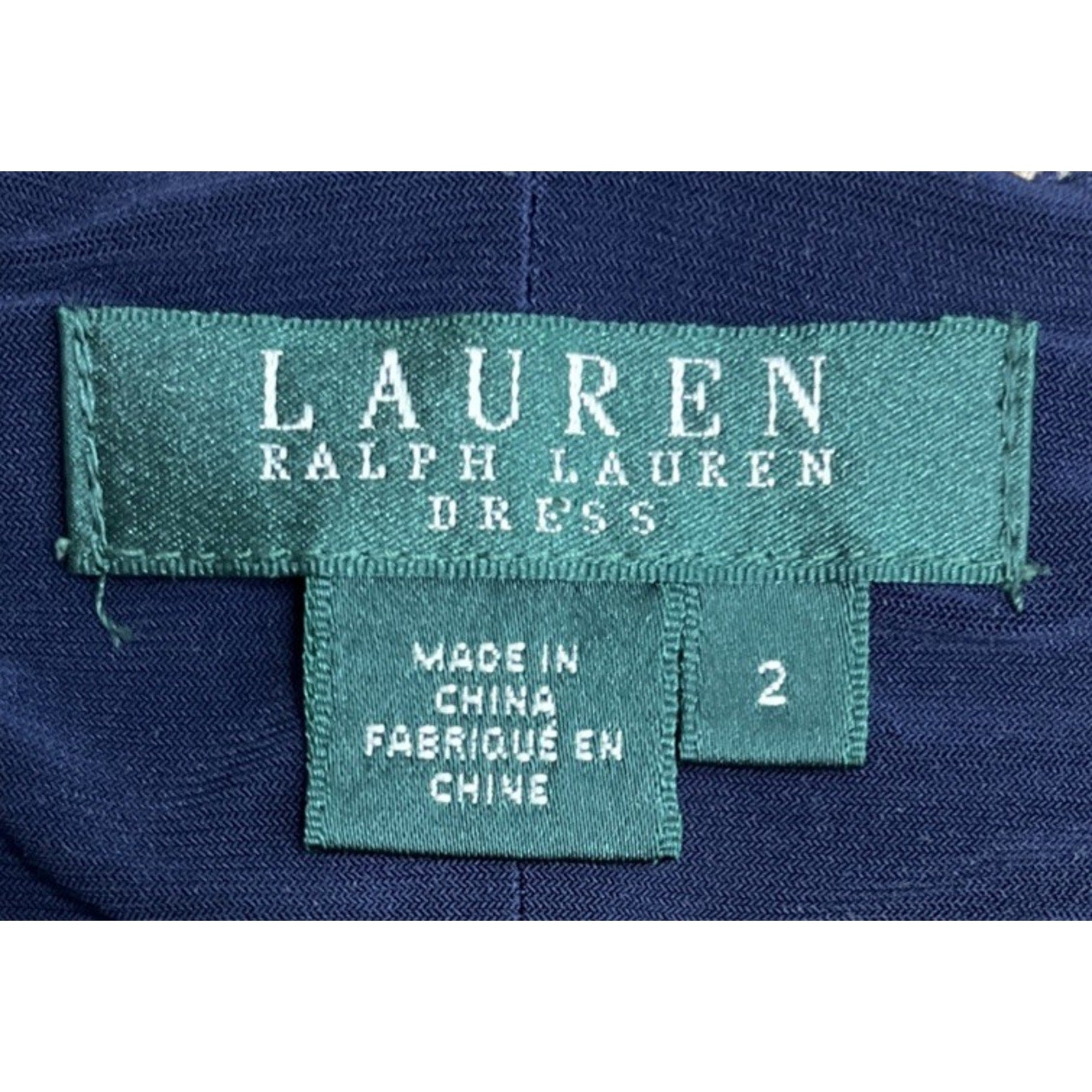 RALPH LAUREN Navy Blue Lined Ecru Dress Sz 2 Slimming Side Panels Ruched Detail