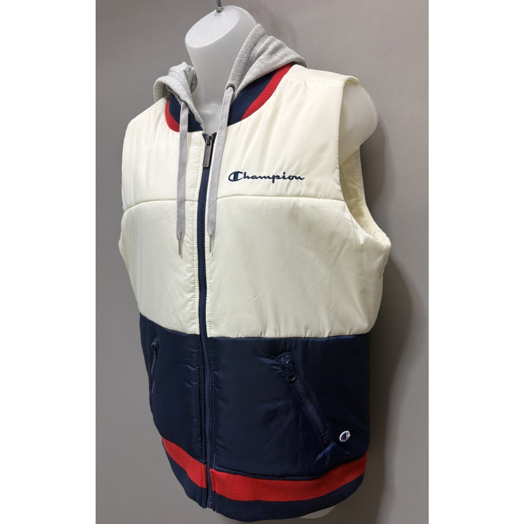 Champion Puffer Vest Womens Medium Hooded Colorblock Red White Blue Full Zip