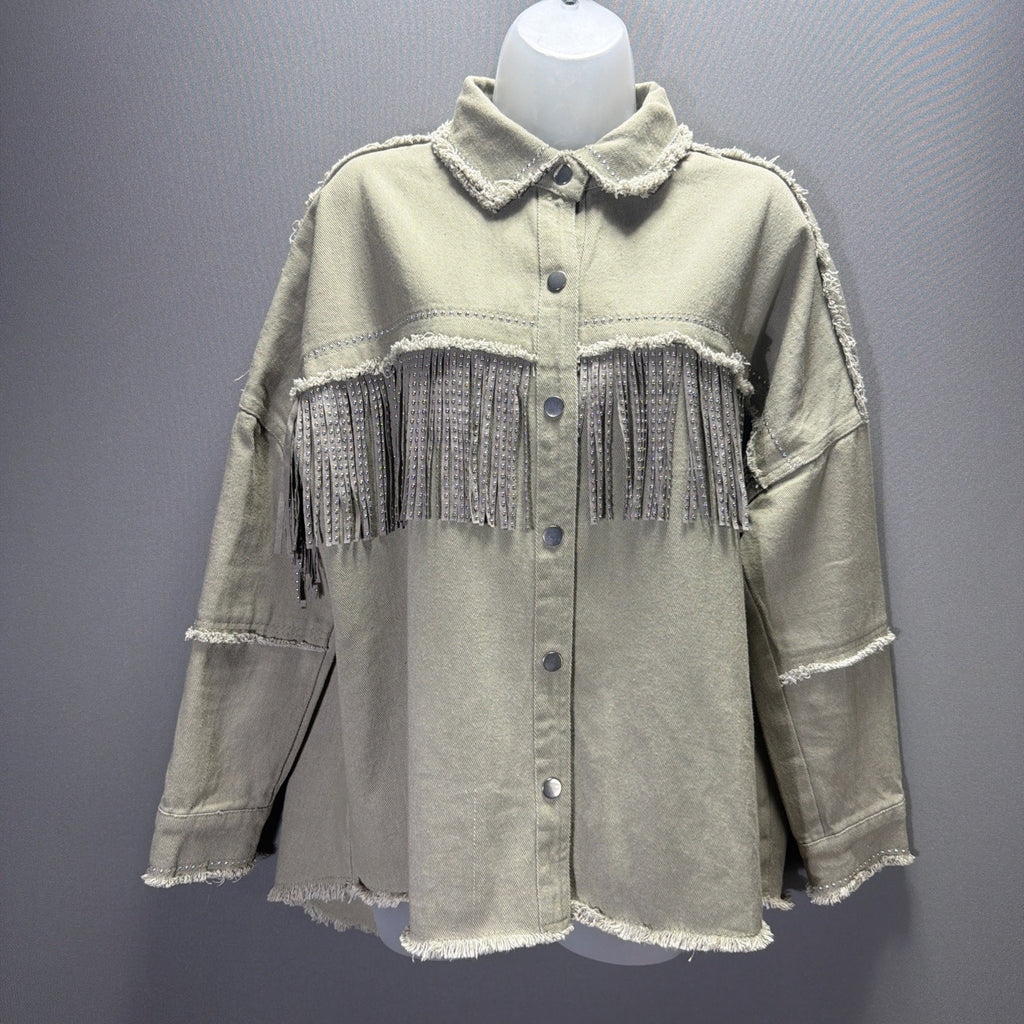 Blue B Womens Studded Fringe, Oversized, Denim Jacket Size Large