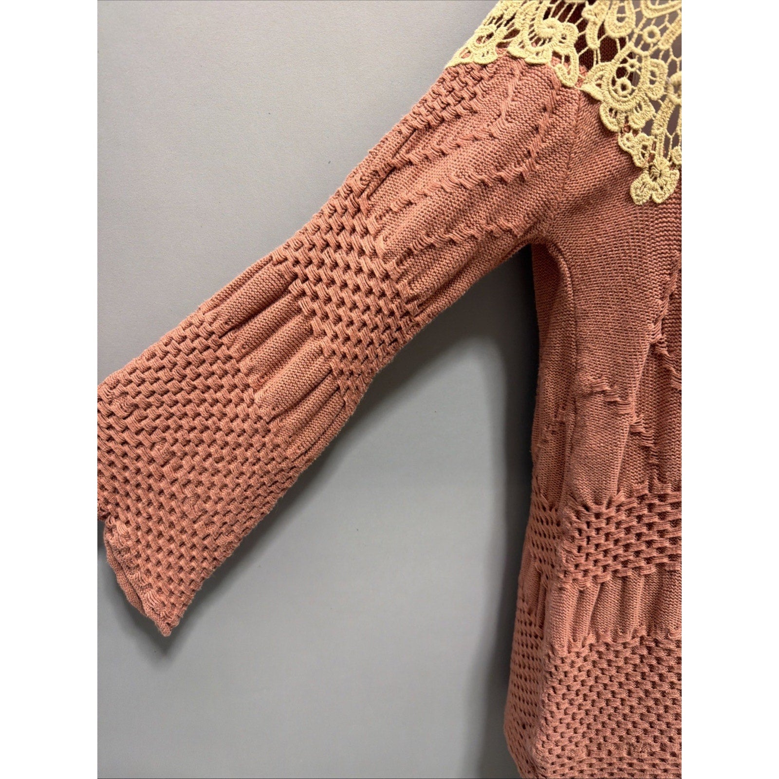 Anthropologie Easel Boho Textured knit Crochet Sweater Tunic Bell sleeves S/M