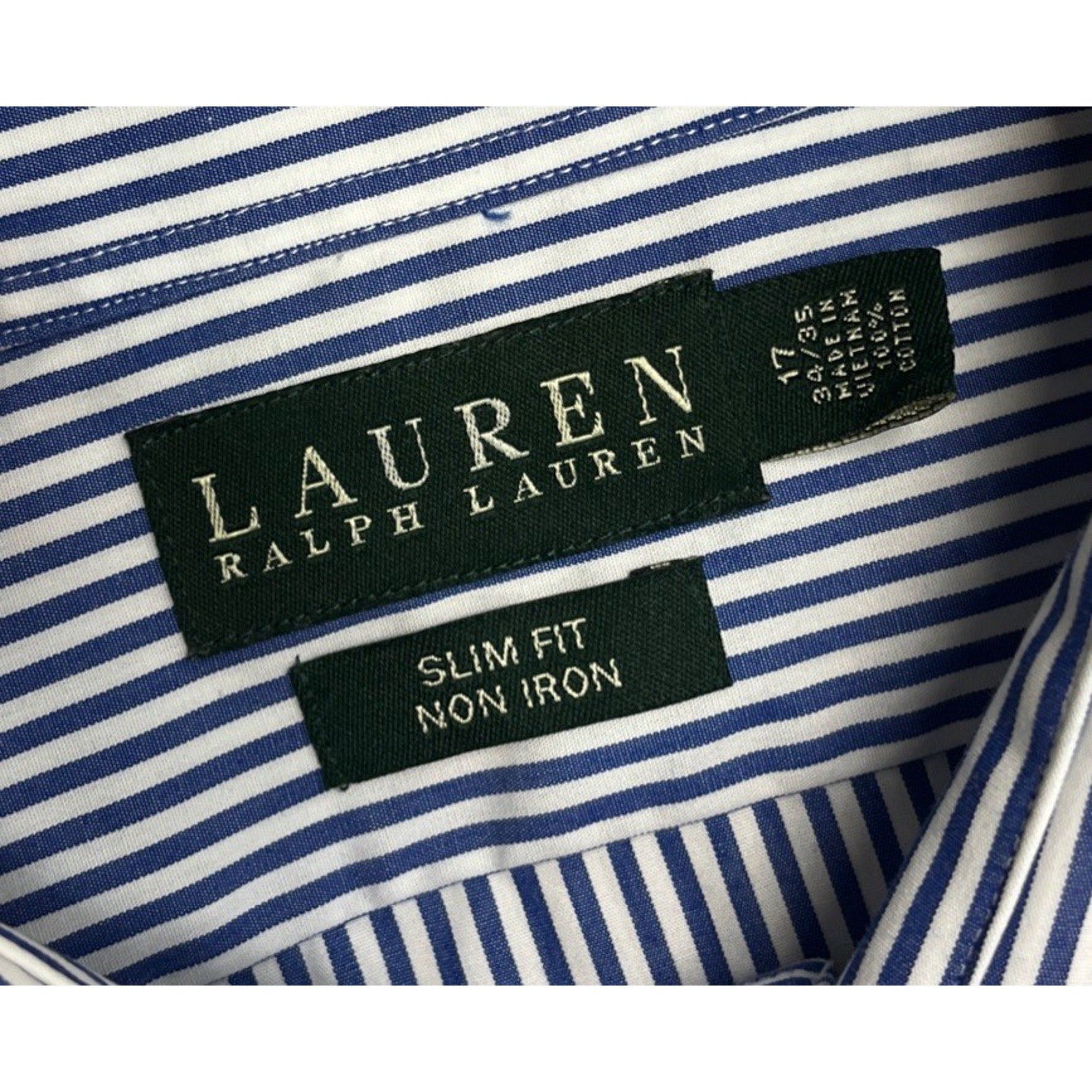 Ralph Lauren Non Iron Blue & White Striped Slim Fit Dress Shirt Size 17 34/35