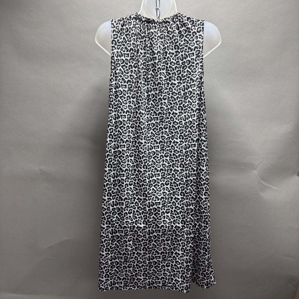 Michael Kors Leopard Print Shift Dress Sleeveless Gold Zip Neck Black White L