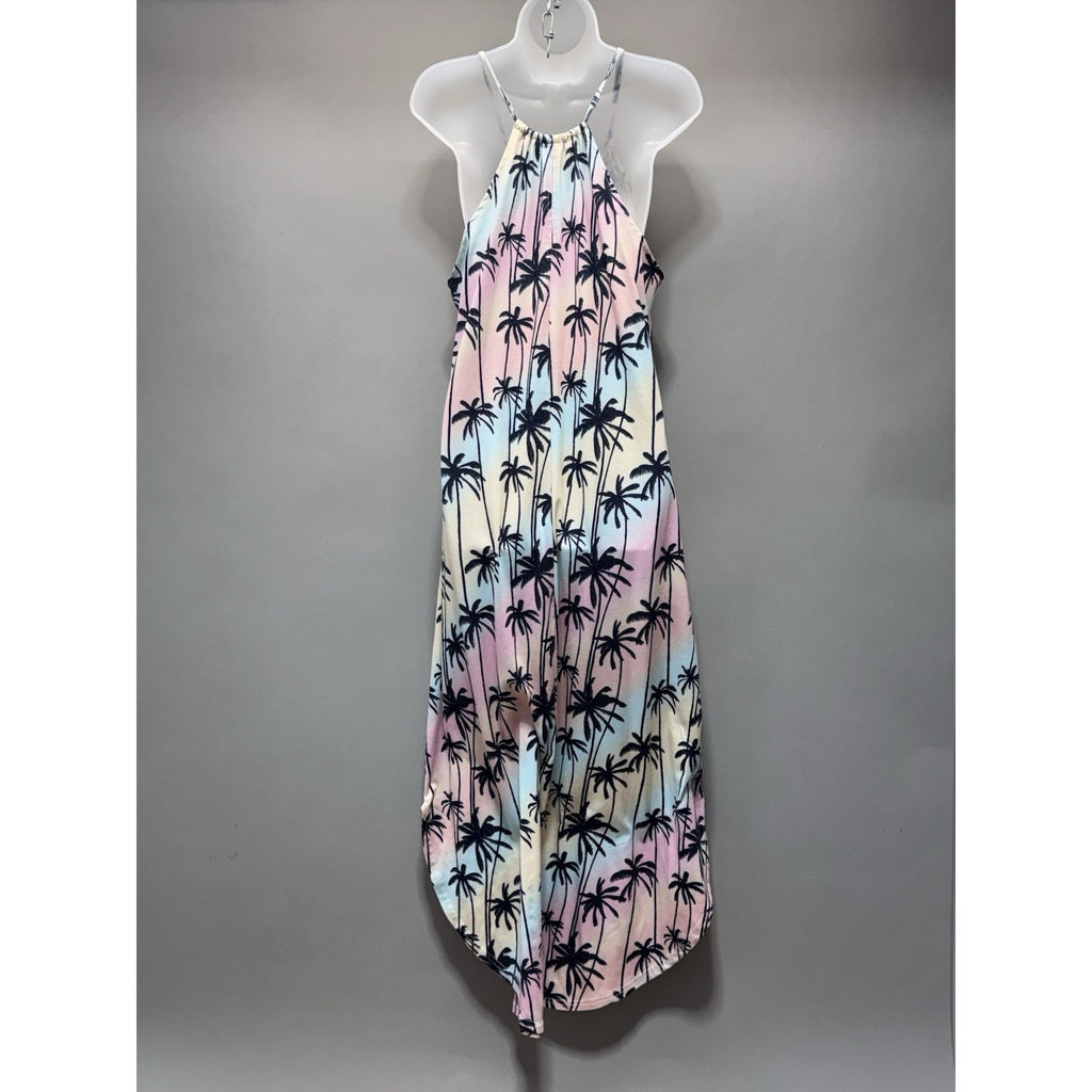 For G and PL Maxi Dress Pastel Tie-Dye Palm Trees Long Halter Beach Luau Size L