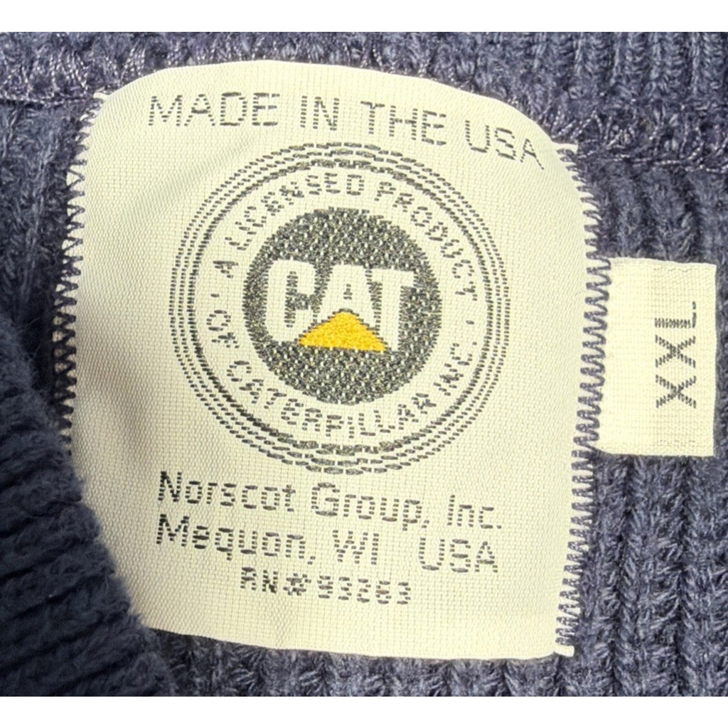Vinatge Caterpillar Equipment Blue Henley Knit Sweater Size XXL Made In USA